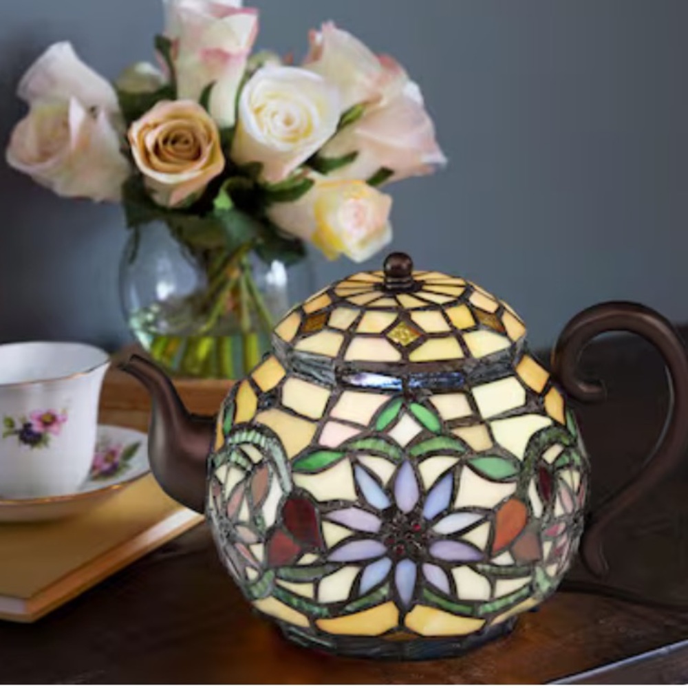 River of Goods English Garden Teapot Multi color TIFFANY Stained Glass